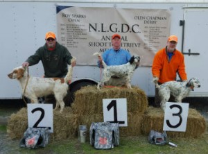 Saturday Olen Chapman Memorial Derby winners: 1st Bill Phelps with Daisy, 2nd Steve Fuess with Gus, and 3rd Colin Fowler with Harper